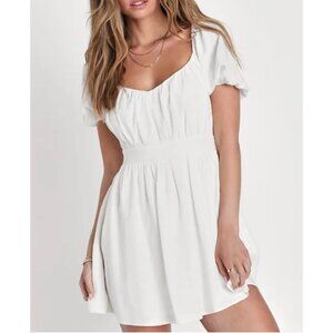 Lulus Effortlessly Endearing White Puff Sleeve Linen Smocked Mini Dress Sz Small